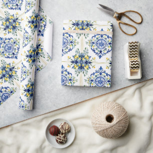 Papel De Presente Azulejo Floral de Limão Italiano Azul e Branco
