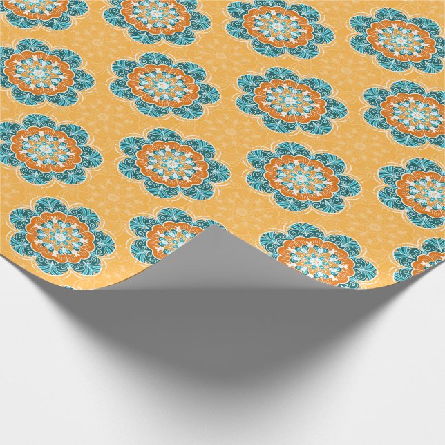 Papel De Presente Azulejo Floral Mandala em Laranja e Teal (Ponta)