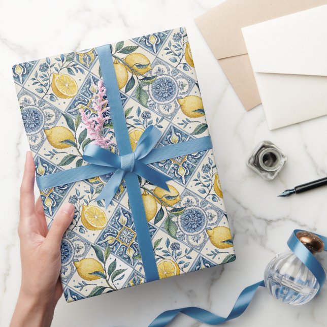 Papel De Presente Azulejo Francês País Aquarela Limão (Presentear)