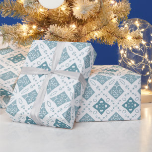 Papel De Presente Azulejo Geométrico Branco e Azul Padrão Sem Costur