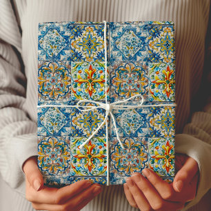 Papel De Presente Azulejo Italiano Floral Citrino Azul Mediterrâneo