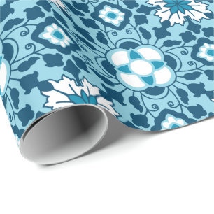 Papel De Presente Azulejo marroquino floral, índigo, azul-céu e