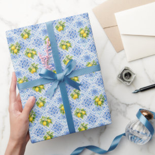 Papel De Presente Azulejo Mediterrâneo Amarelo Azul Chuveiro Nupcial
