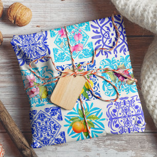 Papel De Presente Azulejo Mediterrâneo de Citrino Siciliano Azul Vib