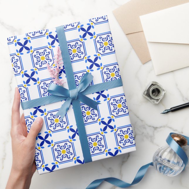 Papel De Presente Azulejo Português Mediterrâneo Tradicional (Presentear)