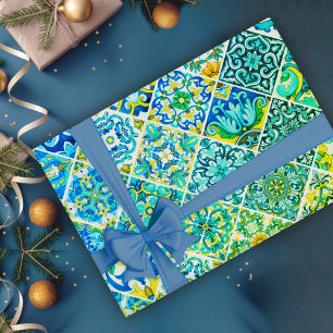 Papel De Presente Azulejo Siciliano de Talavera Aquático Rústico Pad