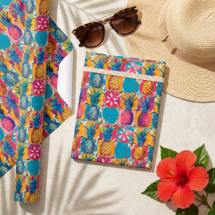Papel De Presente Azulejo vibrante com ananás dourados e coloridos