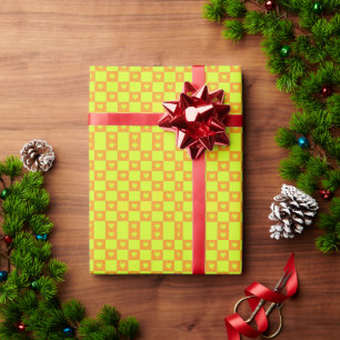 Papel De Presente Azulejo Xadrez Laranja Verde Brilhante Com Coraçõe