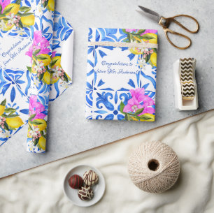 Papel De Presente Azulejos azuis Bougainvillea elegante personalizad