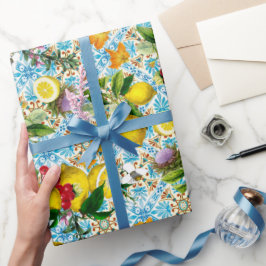 Papel De Presente Azulejos Azuis Padrão Mediterrâneo