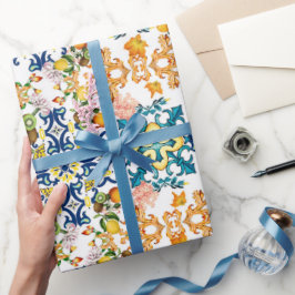 Papel De Presente Azulejos Azuis Padrão Mediterrâneo