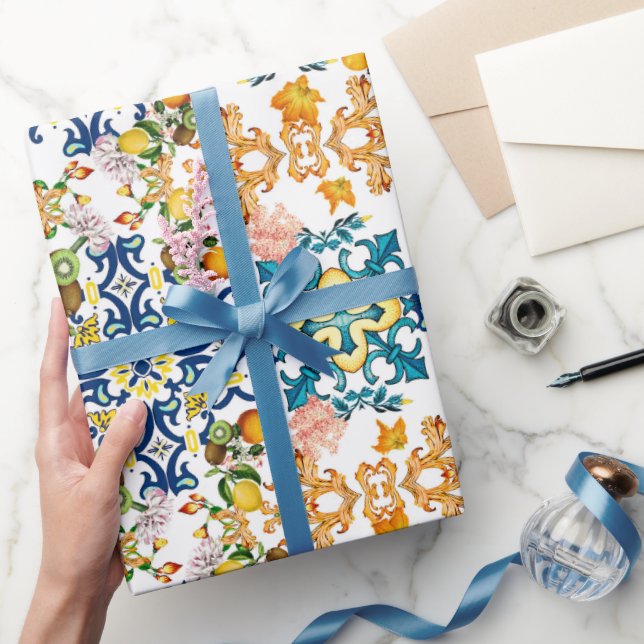 Papel De Presente Azulejos Azuis Padrão Mediterrâneo (Presentear)