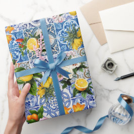 Papel De Presente Azulejos Azuis Padrão Mediterrâneo