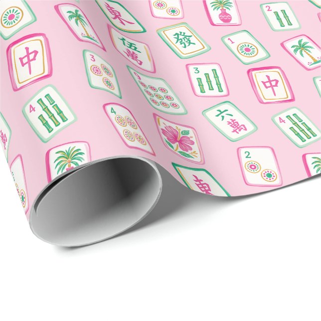 Papel De Presente Azulejos de Mahjong Pink & Green Palm Beach (Ponta do rolo)