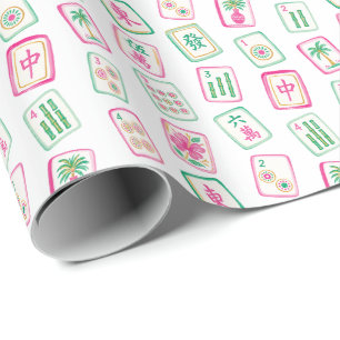 Papel De Presente Azulejos de Mahjong Pink & Green Palm Beach
