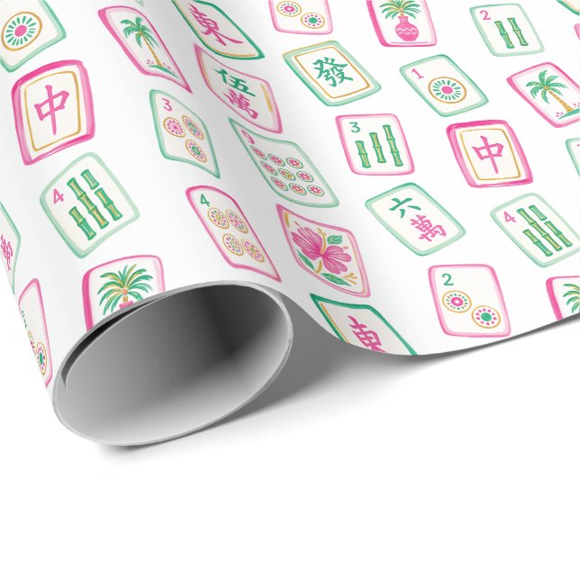Papel De Presente Azulejos de Mahjong Pink & Green Palm Beach (Ponta do rolo)