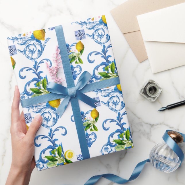 Papel De Presente Azulejos do Mediterrâneo, majolica, estilo Sicilia (Presentear)