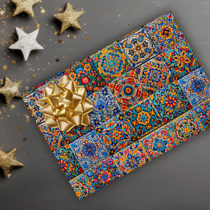 Papel De Presente Azulejos Elegantes Vermelhos e Amarelos Mexicanos 