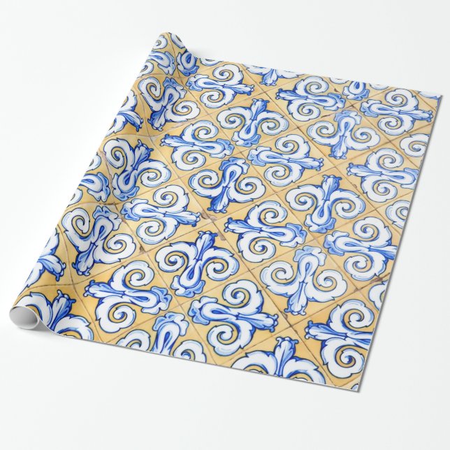 Papel De Presente Azulejos Espanhóis - Azulejo Azul, Amarelo e Branc (Desenrolado)