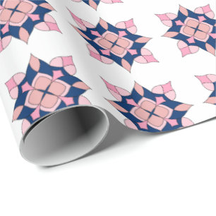 Papel De Presente Azulejos Florais Geométricos Rosa e Azul Marinho