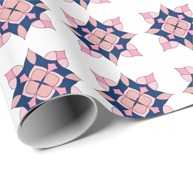 Papel De Presente Azulejos Florais Geométricos Rosa e Azul Marinho (Ponta do rolo)