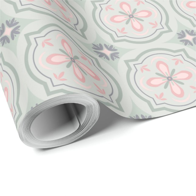 Papel De Presente Azulejos Florais Pastel Verde (Ponta do rolo)