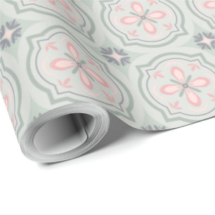 Papel De Presente Azulejos Florais Verde Pastel
