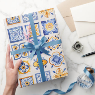 Papel De Presente Azulejos Padrão Azul Branco Amarelo Estética de Ve