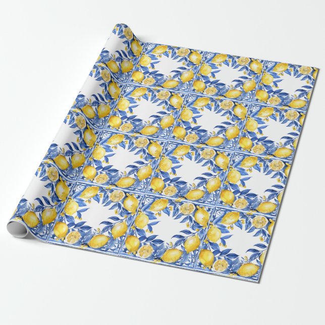 Papel De Presente Azulejos Sicilianos com Padrão de Limão Mediterrân (Desenrolado)