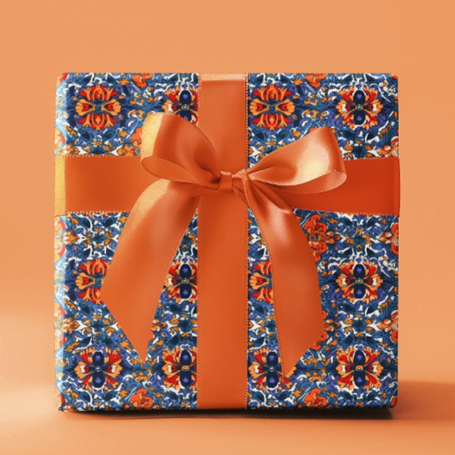 Papel De Presente Azulejos Talavera Mexicana Louça Azul Laranja (Criador carregado)