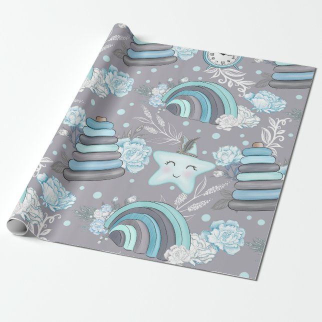 PAPEL DE PRESENTE BABY BLUE & CINZA BABY ITEMS RAINBOWS (Desenrolado)