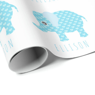 Papel De Presente Baby Blue Elephants - Nome do Chá de fraldas