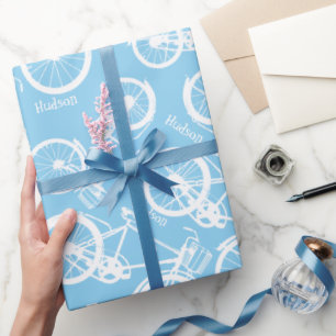 Papel De Presente Baby Boy Blue Vintage Retro Bicicleta Nome do Meni