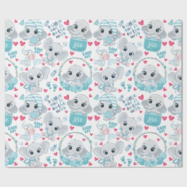 Papel De Presente Baby Boy Elephant Cute Blue Baby Shower Baptism  (Aberto)
