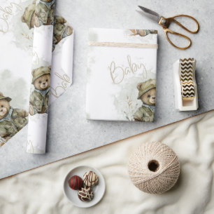 Papel De Presente Baby Boy Script Hunter Teddy Bear Chá de fraldas