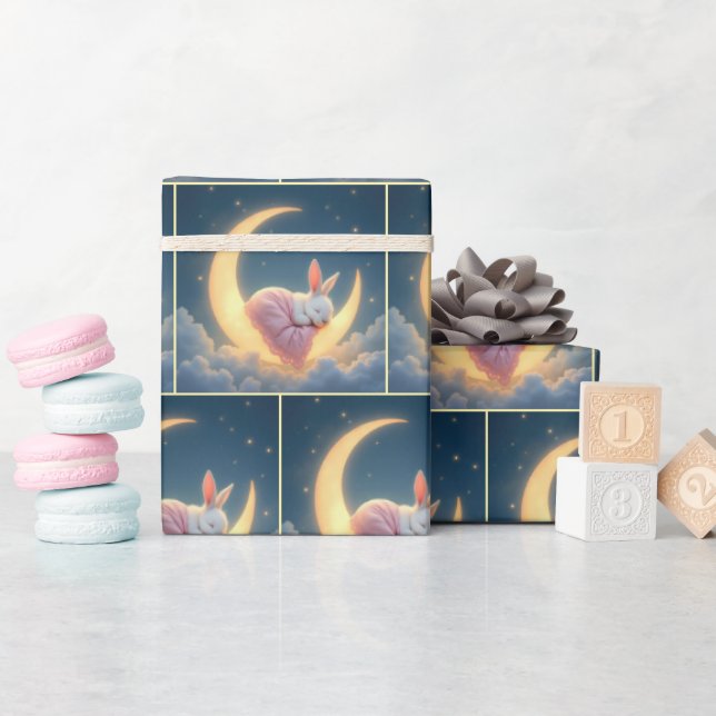 Papel De Presente Baby Bunny Dormindo Na Lua Crescente (Chá de bebê)