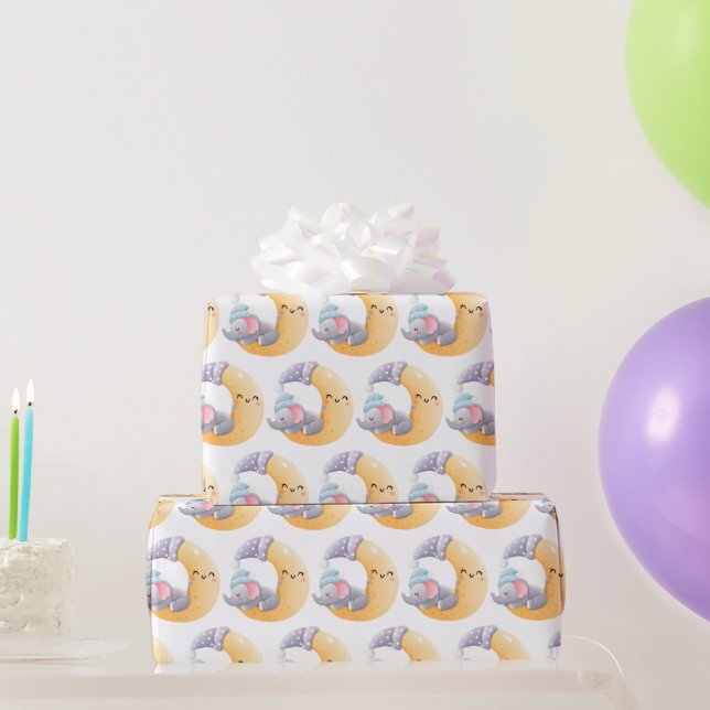 Papel De Presente Baby Elephant Slecent Moon Chá de fraldas (Presentes para festas)