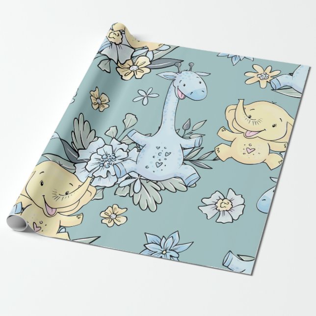 Papel De Presente Baby Giraffe & Elephant (Desenrolado)