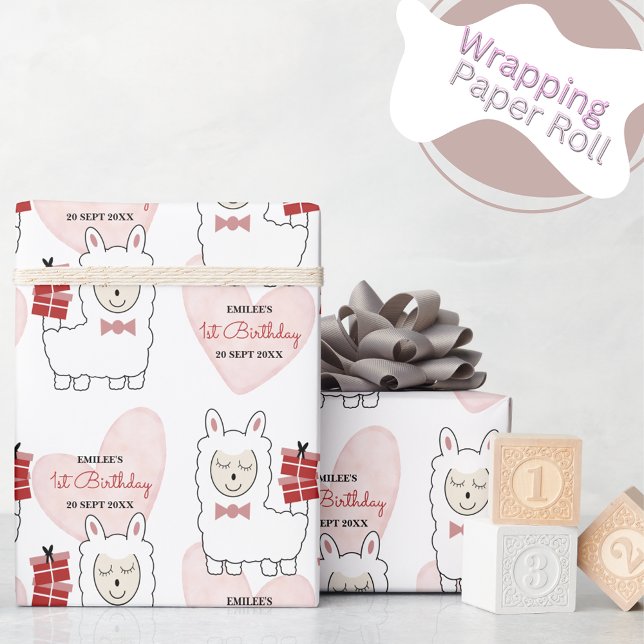 Papel De Presente Baby Girl Lhamas e Corações Rosa (Criador carregado)