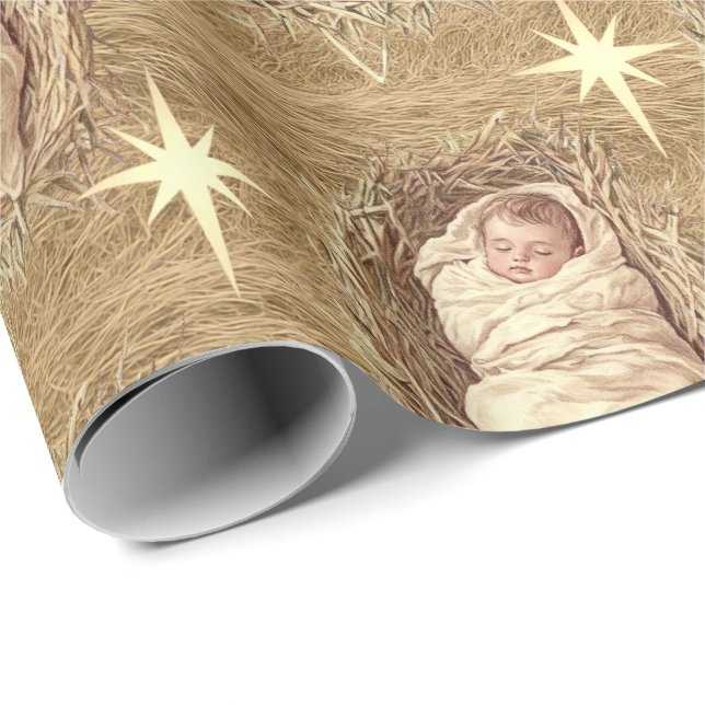 Papel De Presente Baby Jesus Watercolor Manger Hay (Ponta do rolo)
