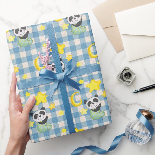 Papel De Presente Baby Panda com Lua e Estrelas (Presentear)
