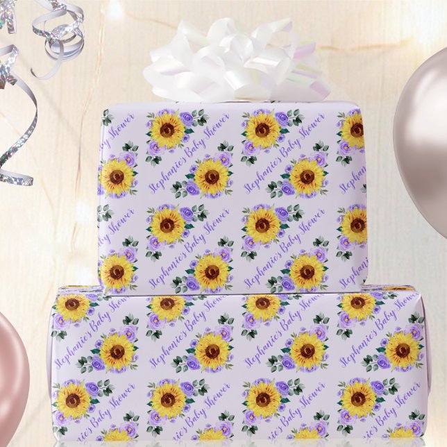 Papel De Presente Baby Shower Sunflower Purple Personalized Name (Criador carregado)