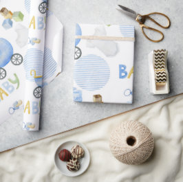 Papel De Presente Baby Typog Blue Patterno Watercolor Baby Boy Chá