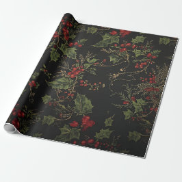 Papel De Presente Bagas Carmesim Vitorianas Escuras & Videira Dourad