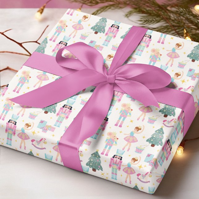 Papel De Presente Bailarina de Natal Rosa Azul Nutcracker  (Criador carregado)