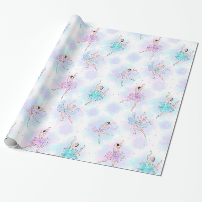 Papel De Presente Bailarinas de Tutu Azul e Rosa Feminino e Fundo (Desenrolado)