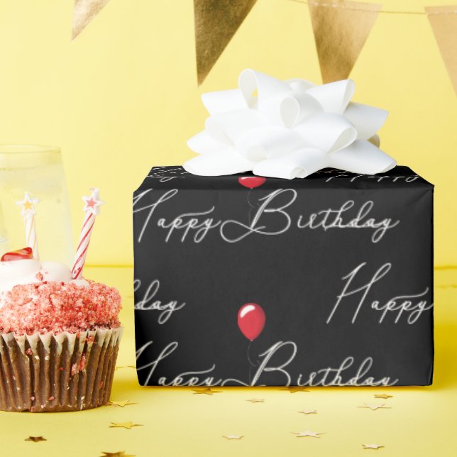 Papel De Presente Balão de Aniversário Vermelho com Texto (Festa de aniversário)