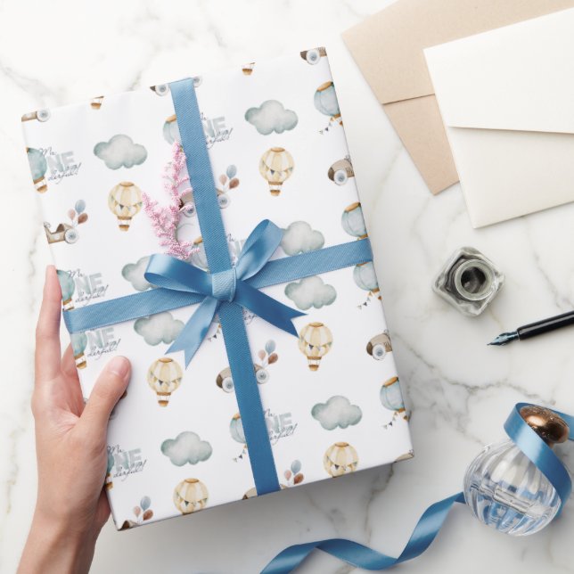 Papel De Presente Balão de Ar Quente Azul de Aquecimento de Aquarela (Presentear)