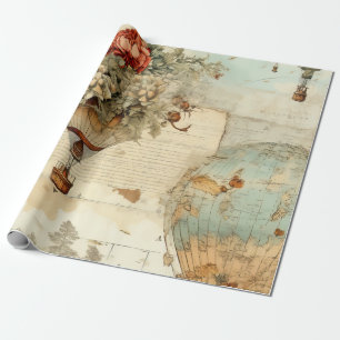 Papel De Presente Balão de Ar Quente Peônia Vintage Mapa Antigo