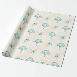 Papel De Presente Balão de Ar Quente Turquesa Rosas Amarelas